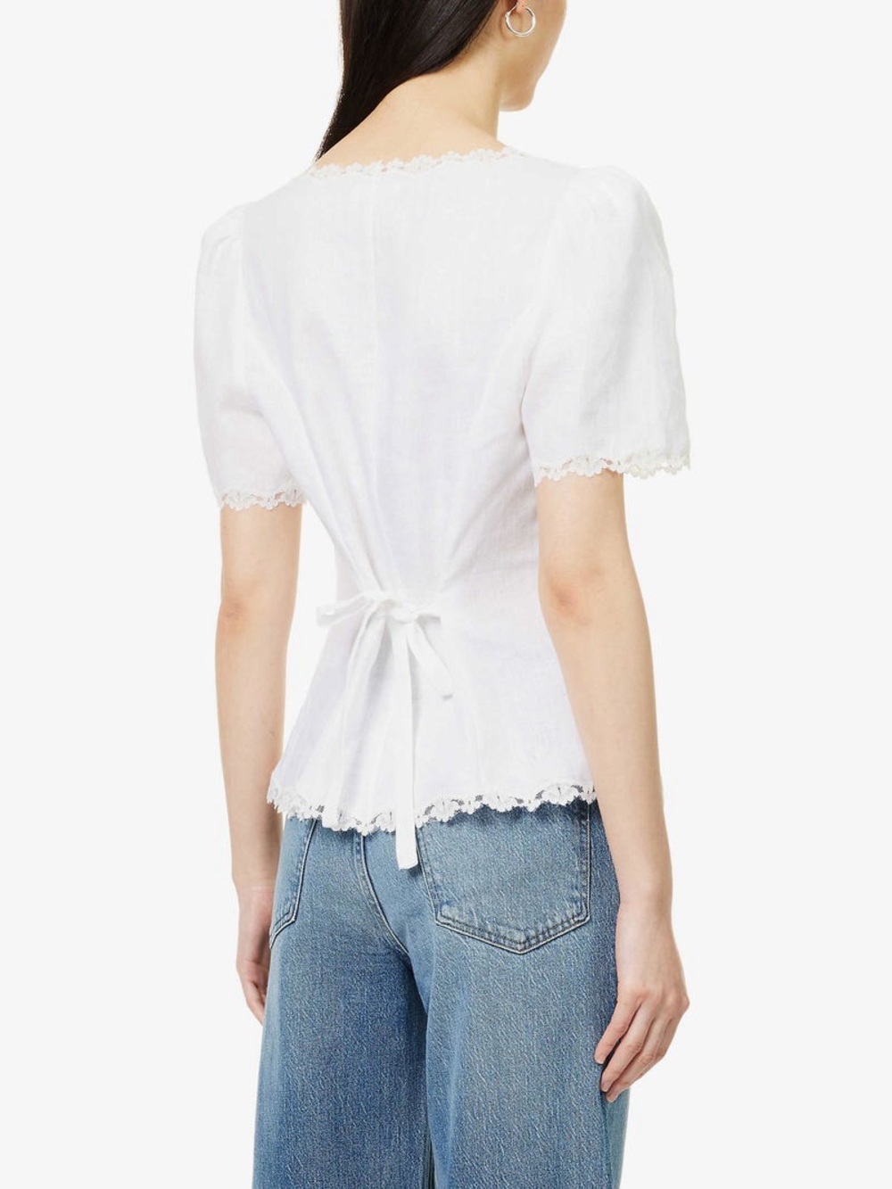 Reformation Annabella top linen White Lace-Trim Puff Sleeve Blouse size 10 - Picture 3 of 9
